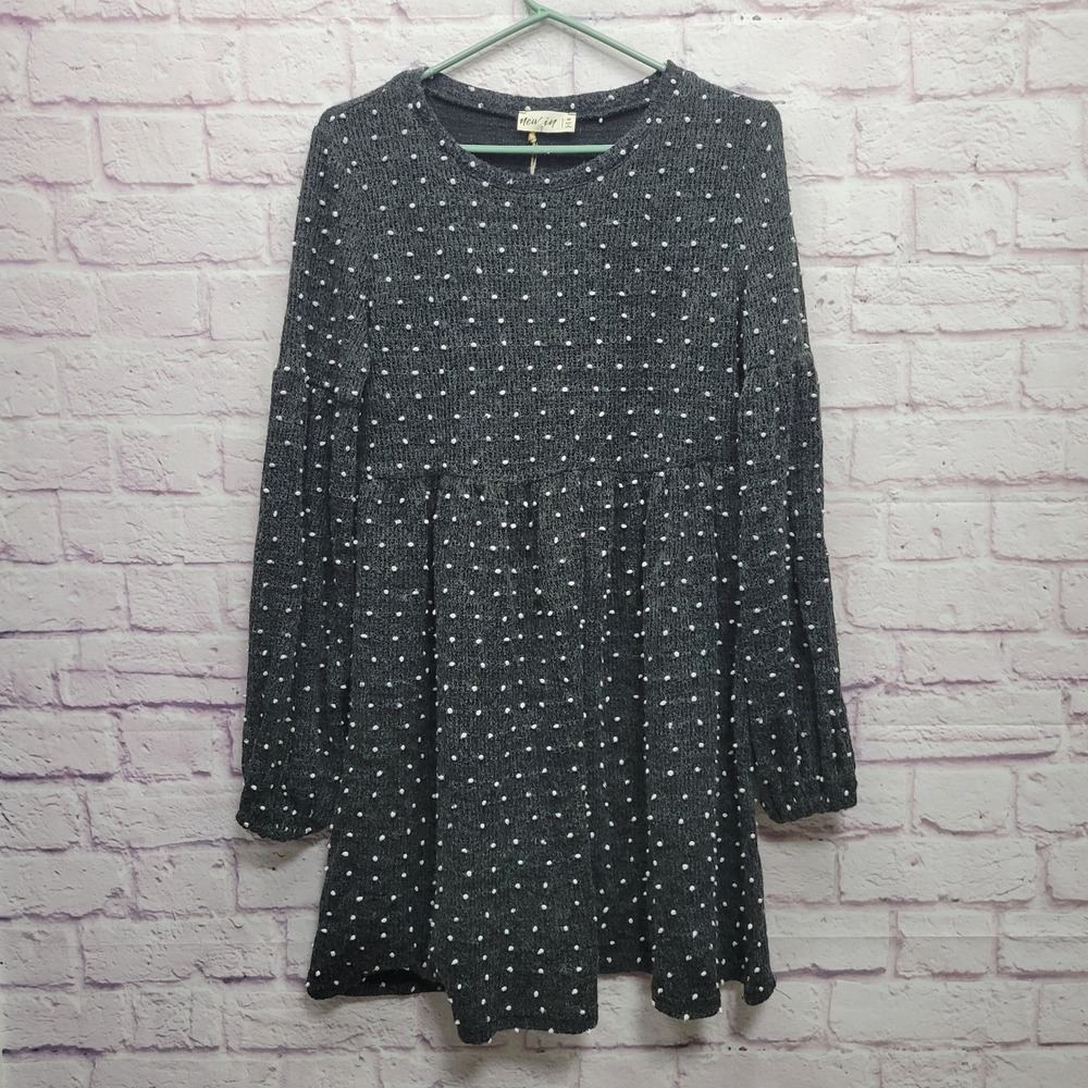 NWT New‎ In Swiss Dot Knit Babydoll Dress Size M Long Sleeve Stretch Textured